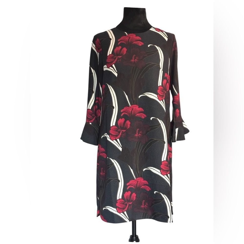 Ann Taylor Factory | Women’s Black Red Asian Floral Dress Ruffle Sleeves Size 4p